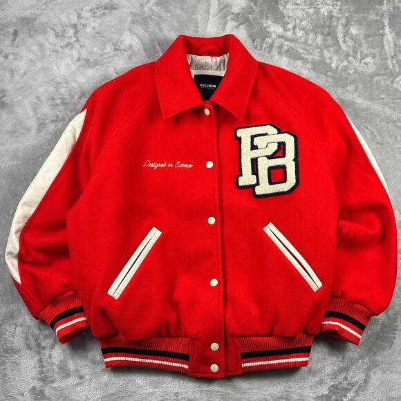 Pull&Bear Jackets & Blazers - Europe's Pull & Bear Women's Varsity Bomber Y2K Style Jacket Red & White Size XS